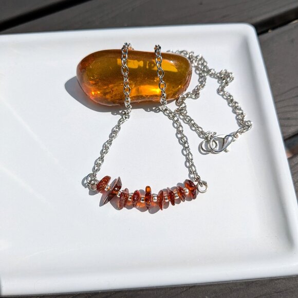 Genuine Natural Orange Amber Silver Chain Necklace - Picture 3 of 9